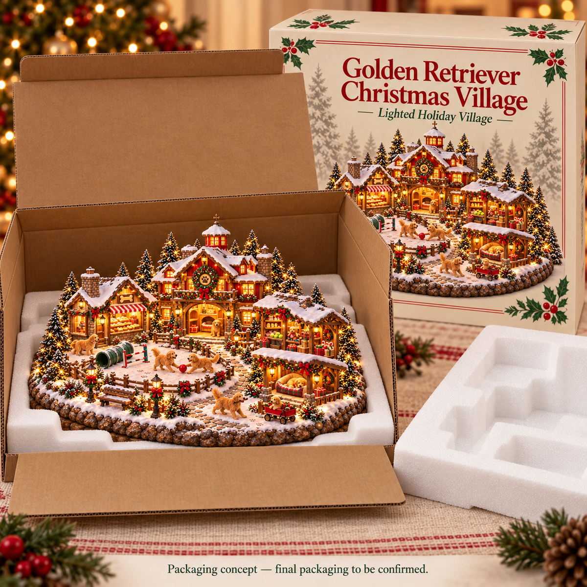 🔥🐕Christmas Golden Retriever Village – Lighted Dog Lover’s Holiday Scene🐶