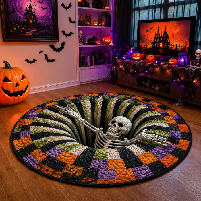 🎉 🎃3D visual effects Skeleton Vortex Quilted Round Halloween Rug
