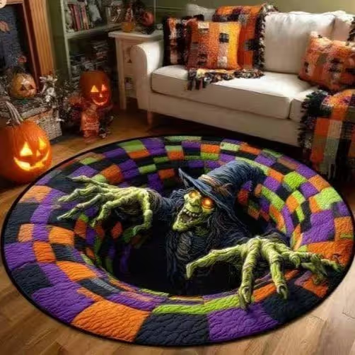 🎉 🎃3D visual effects Skeleton Vortex Quilted Round Halloween Rug