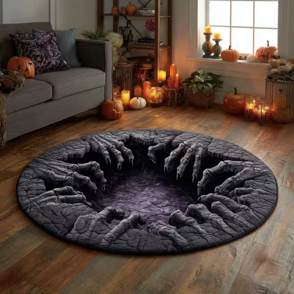 🎉 🎃3D visual effects Skeleton Vortex Quilted Round Halloween Rug