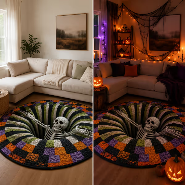 🎉 🎃3D visual effects Skeleton Vortex Quilted Round Halloween Rug