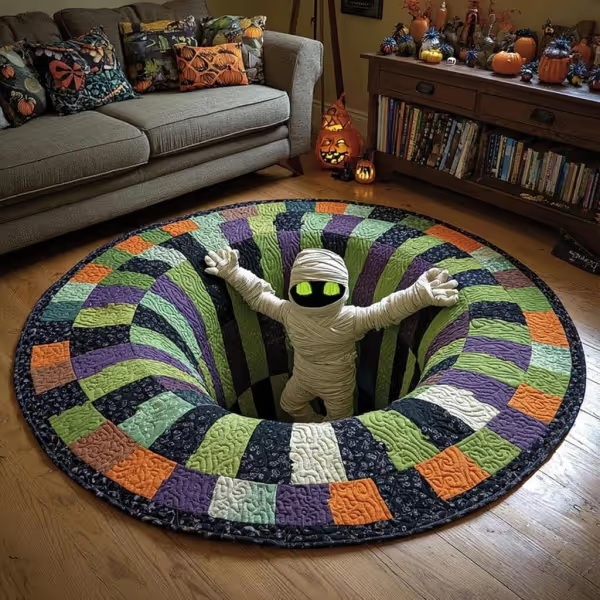 🎉 🎃3D visual effects Skeleton Vortex Quilted Round Halloween Rug