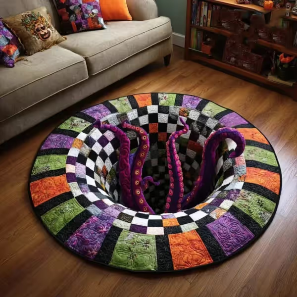 🎉 🎃3D visual effects Skeleton Vortex Quilted Round Halloween Rug