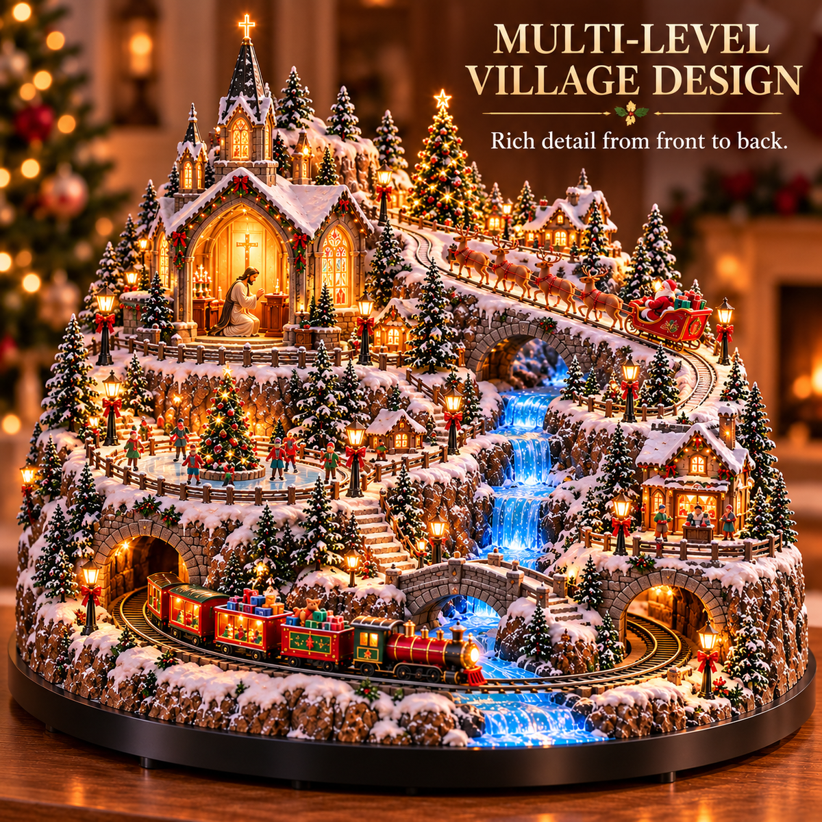 🎄🚞Lighted Animated Christmas Village with Train, Reindeer Sleigh & Waterfall✨