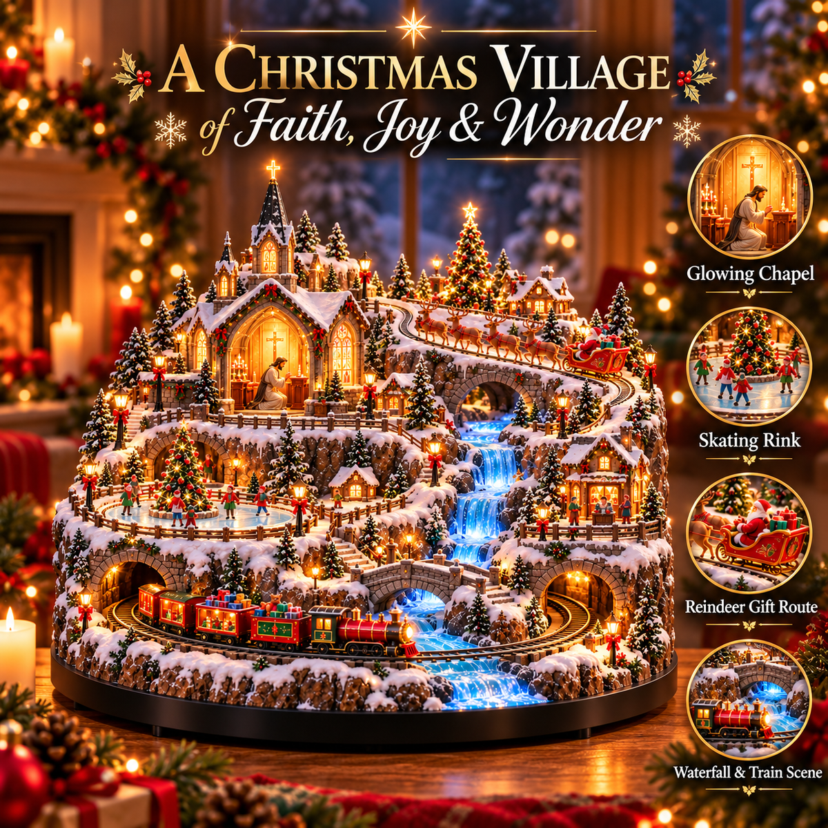 🎄🚞Lighted Animated Christmas Village with Train, Reindeer Sleigh & Waterfall✨