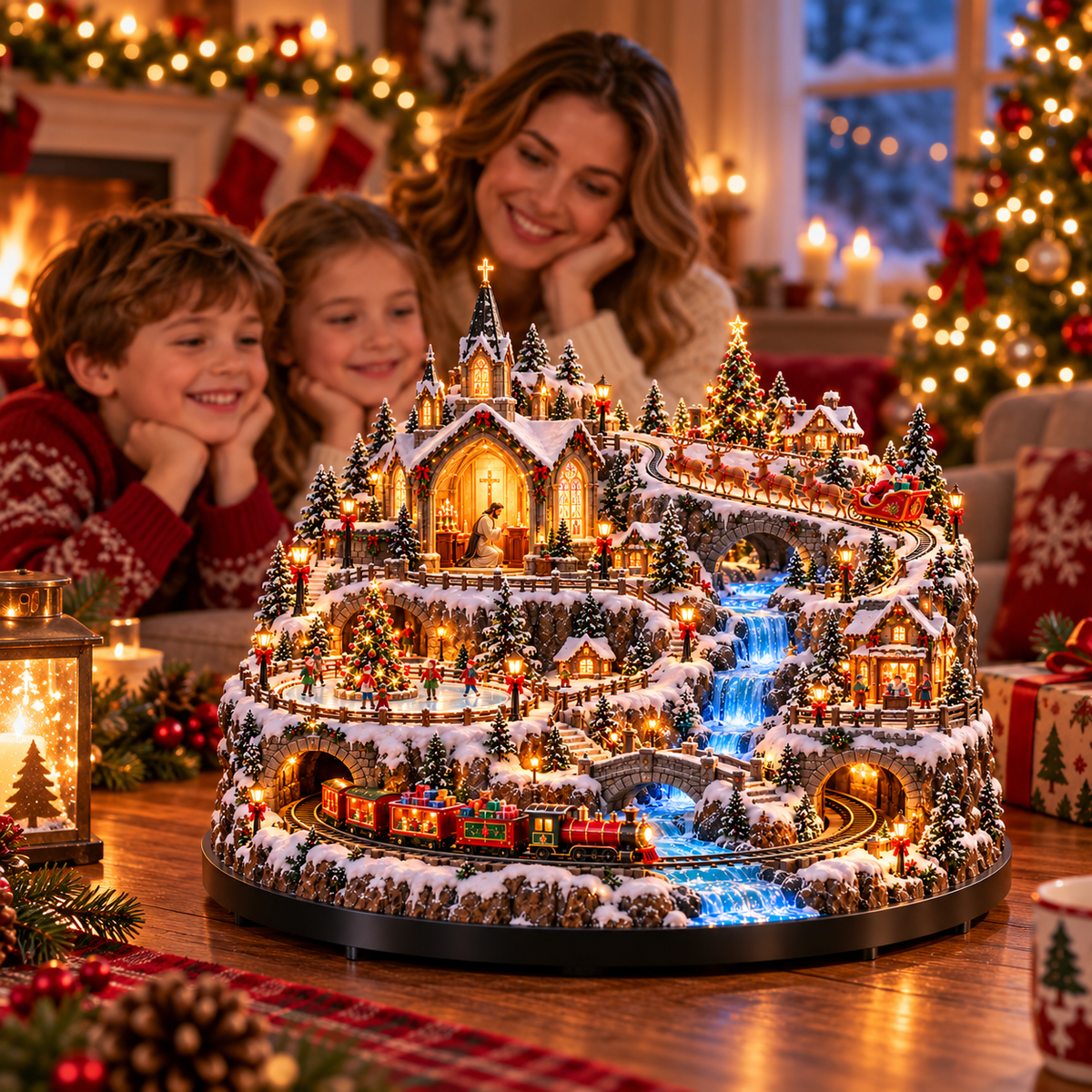 🎄🚞Lighted Animated Christmas Village with Train, Reindeer Sleigh & Waterfall✨