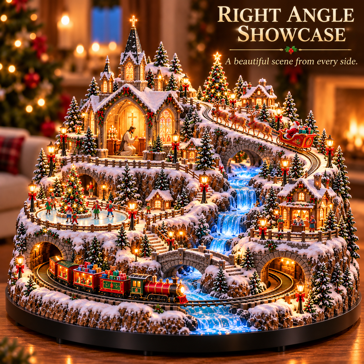 🎄🚞Lighted Animated Christmas Village with Train, Reindeer Sleigh & Waterfall✨