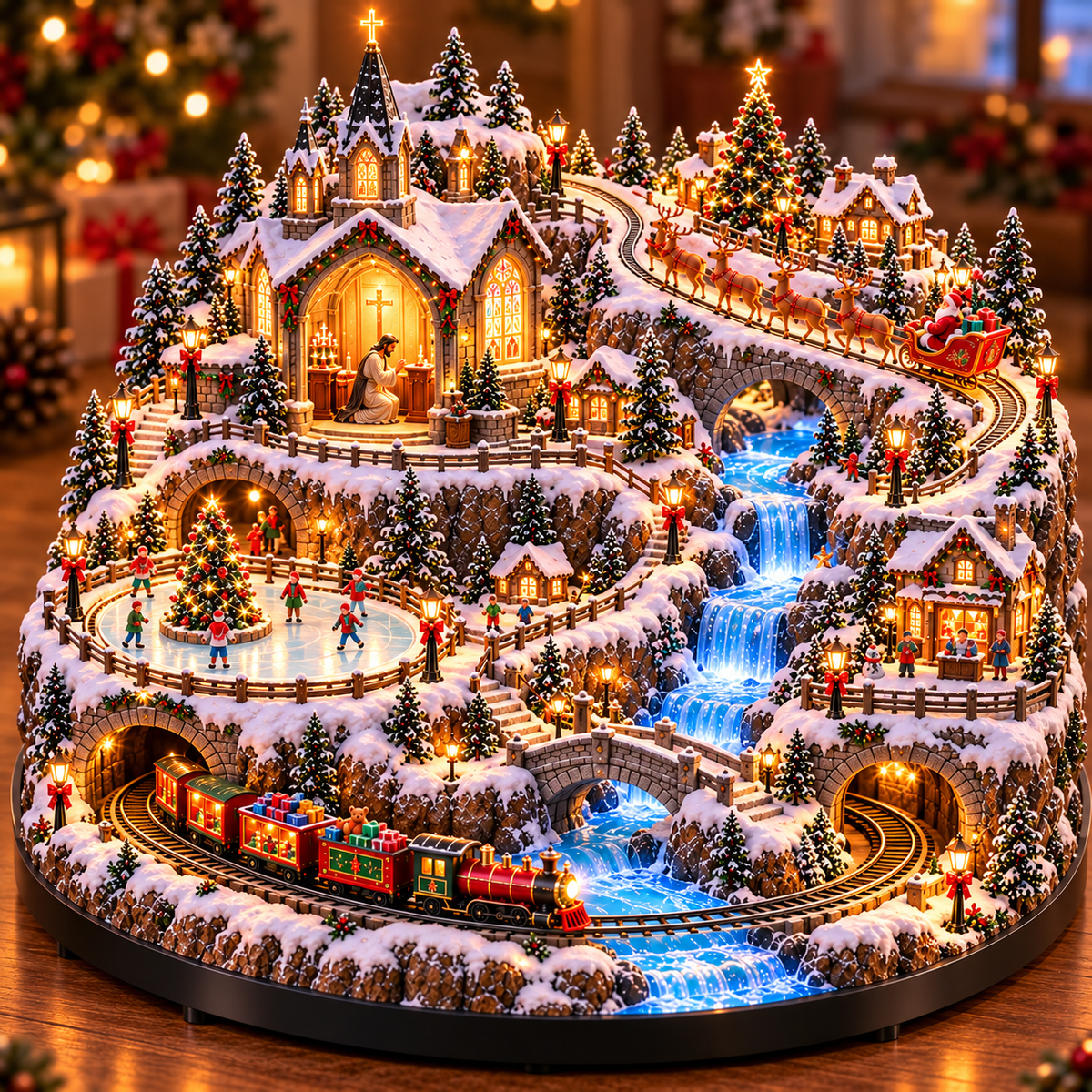 🎄🚞Lighted Animated Christmas Village with Train, Reindeer Sleigh & Waterfall✨
